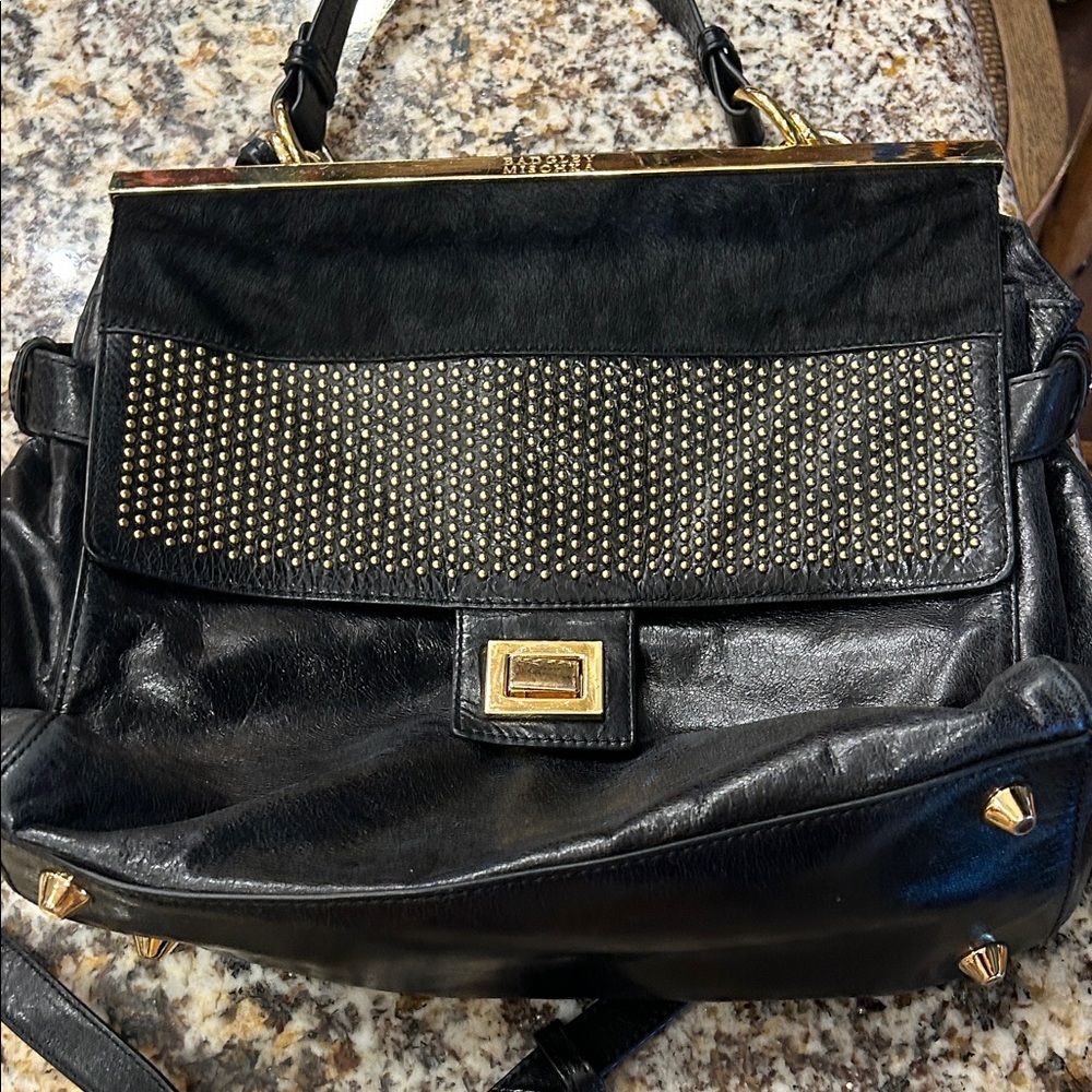 Badgley Mischka Black Leather Satchel with Gold Studs